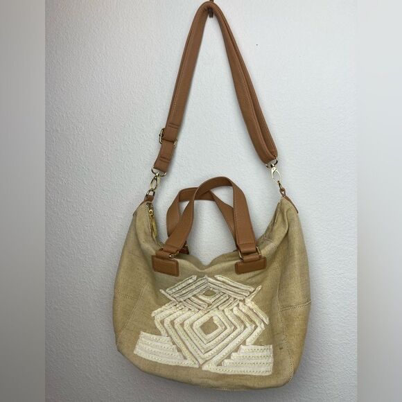 BCBG linen blend purse w/ detachable crossbody strap southwest summer vibe - Picture 1 of 16